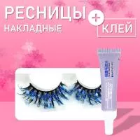 Ресницы накладные с блестками синие с клеем